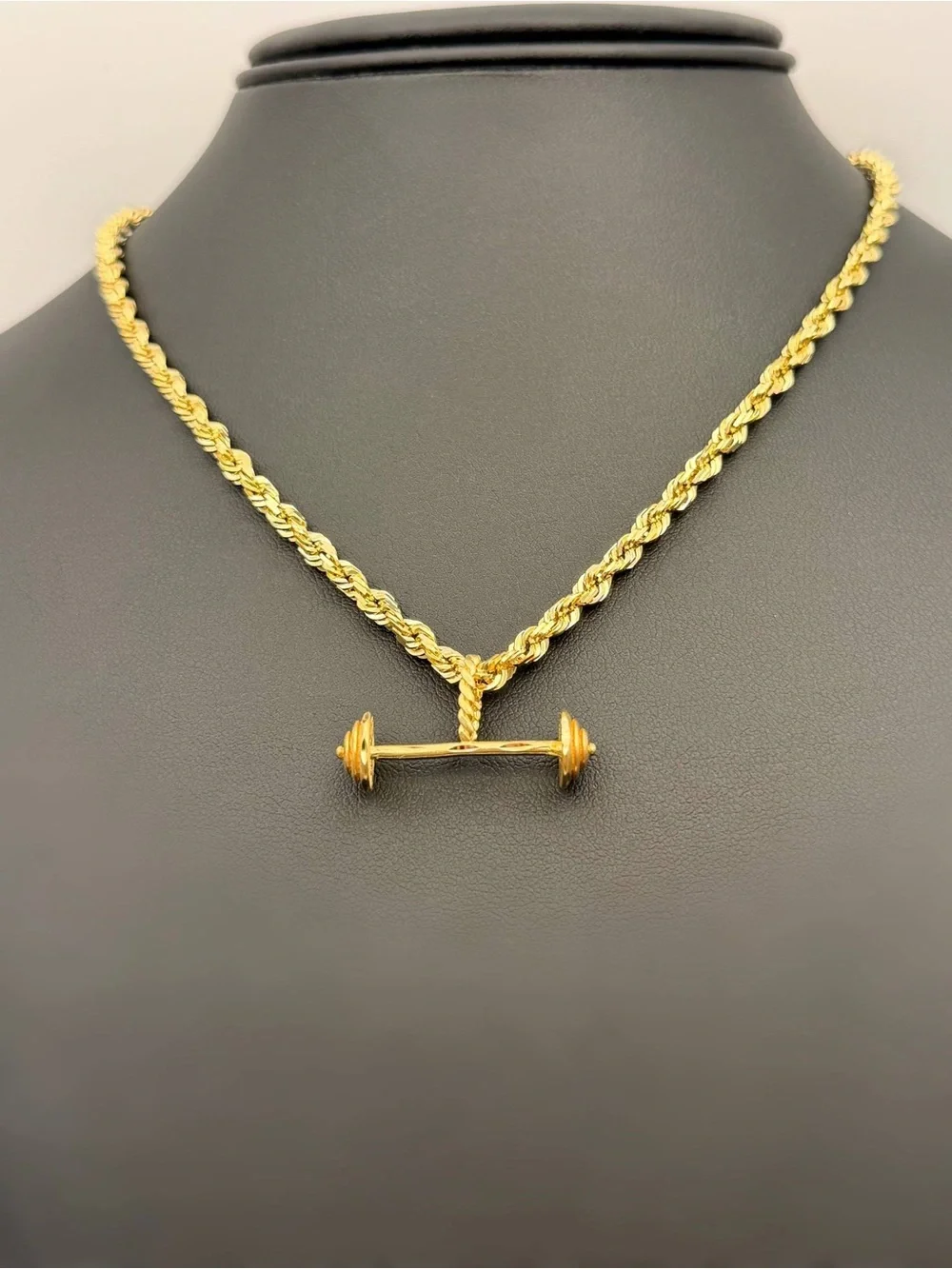 14k Solid Yellow Gold Diamond Cut 3D Barbell Weight Lifting Dumbbell Charm Penda